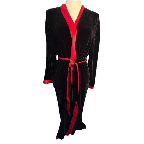 Victoria's Secret Red Silk Satin Black Velvet Long Robe Velour Sash Shawl Y2K S - Picture 1 of 9